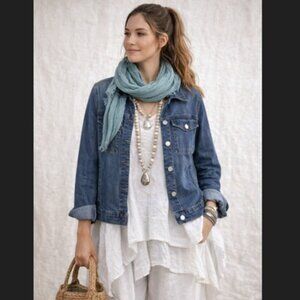 Baccini Dark Wash Cropped Denim Trucker Jacket Womens L Lagenlook Chic